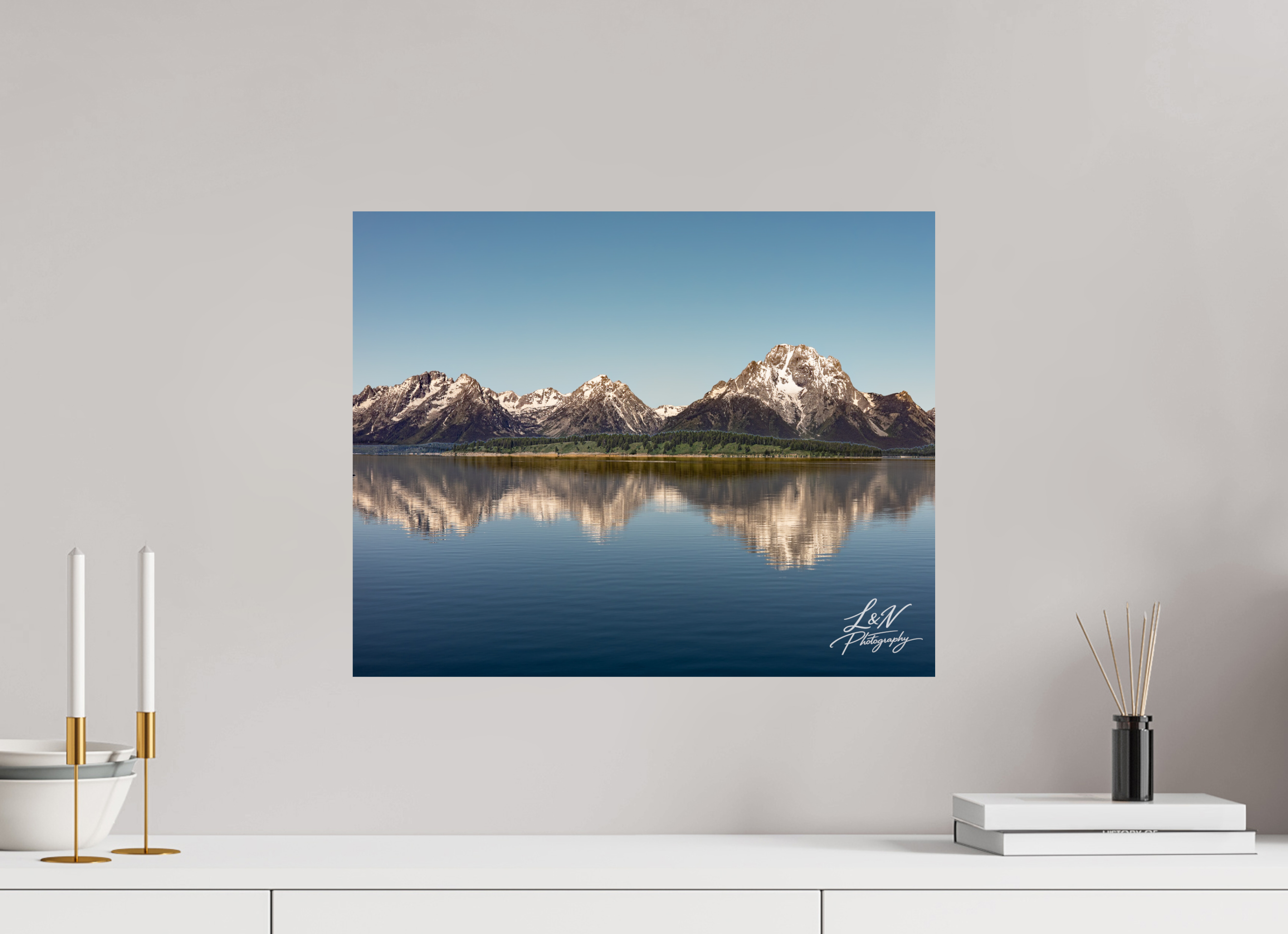 20 x 16″, Photo Print on Aluminum Backing Mirror of the Tetons