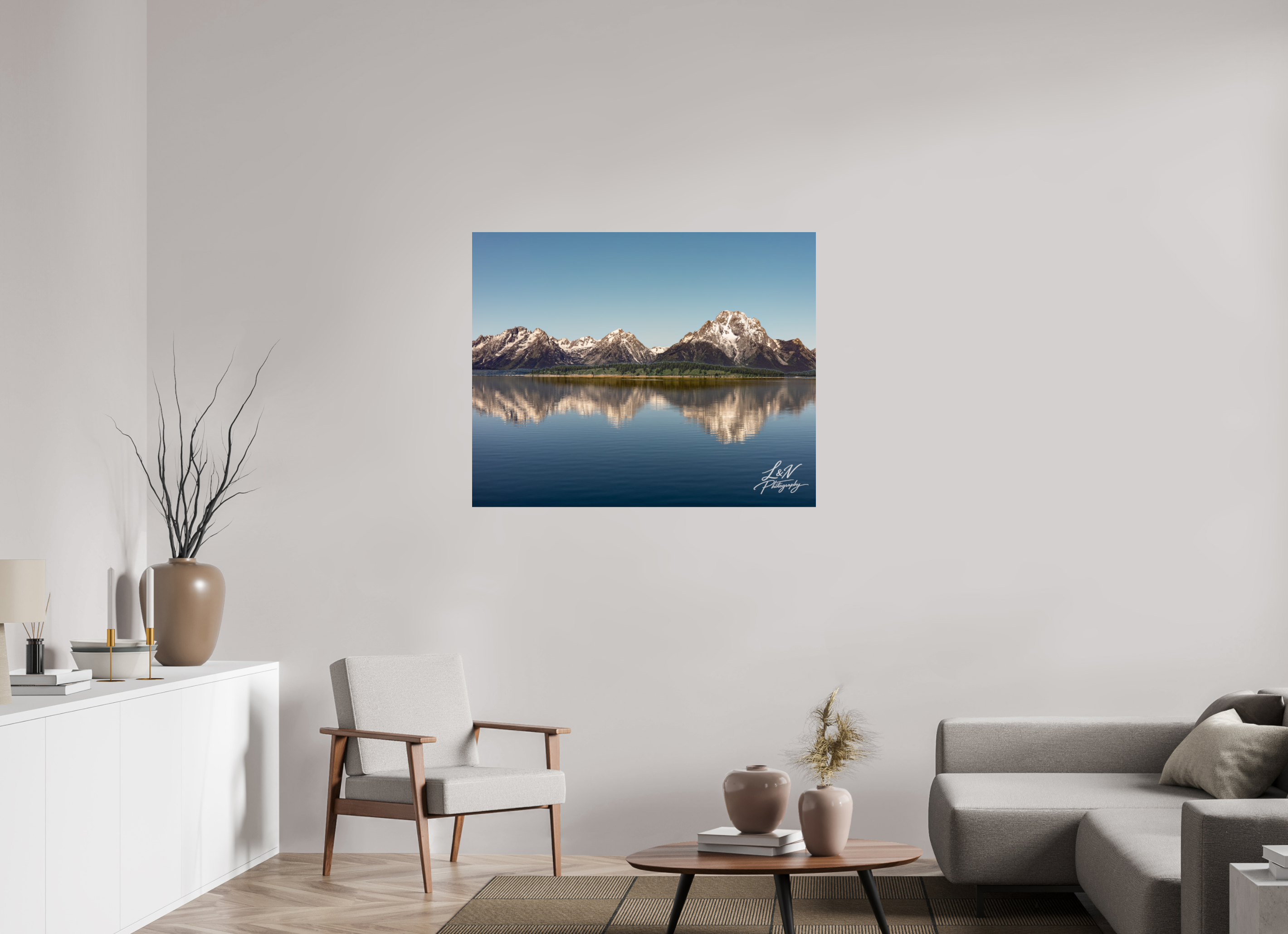 43.7 x 35″, Photo Print on Aluminum Backing Mirror of the Tetons