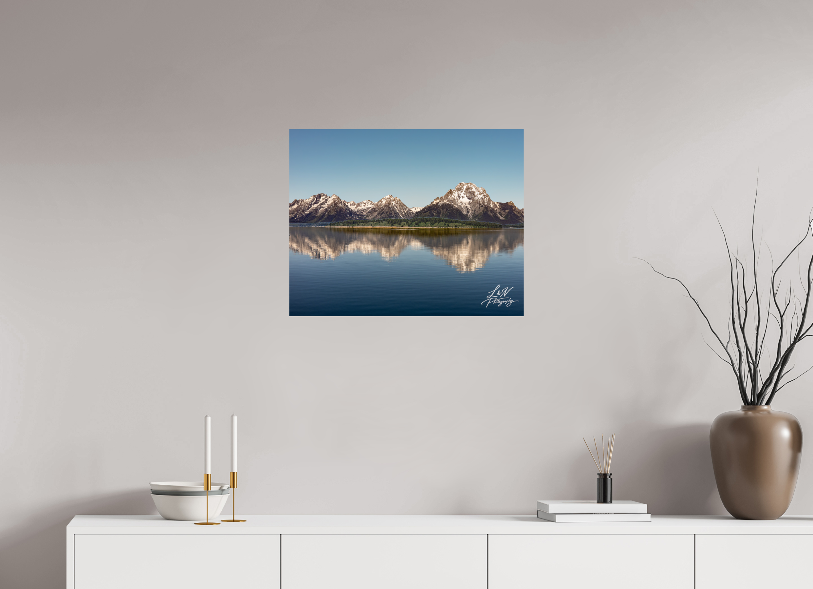 25 x 20″, Photo Print on Aluminum Backing Mirror of the Tetons