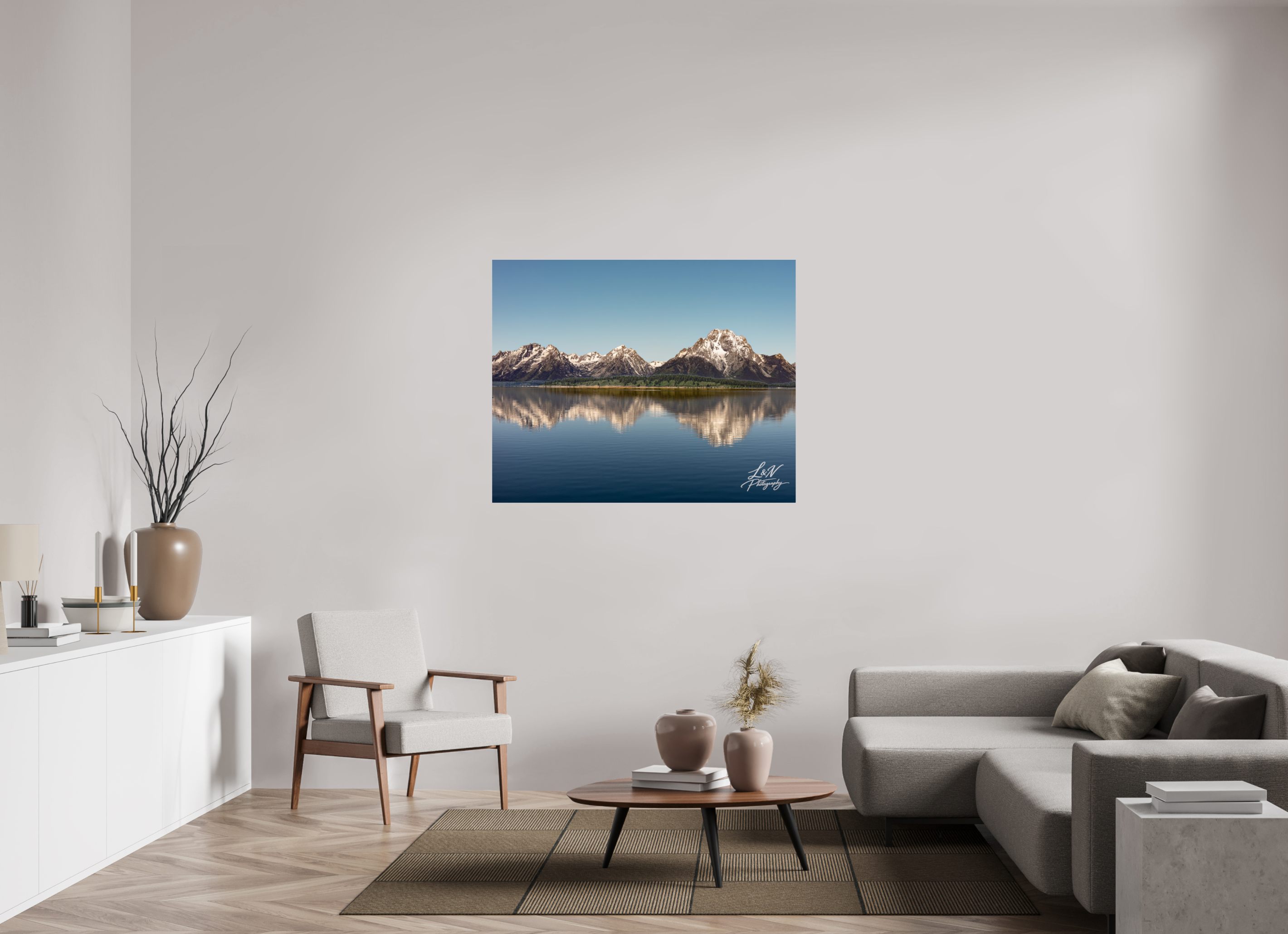 48.7 x 39″, Photo Print on Aluminum Backing Mirror of the Tetons