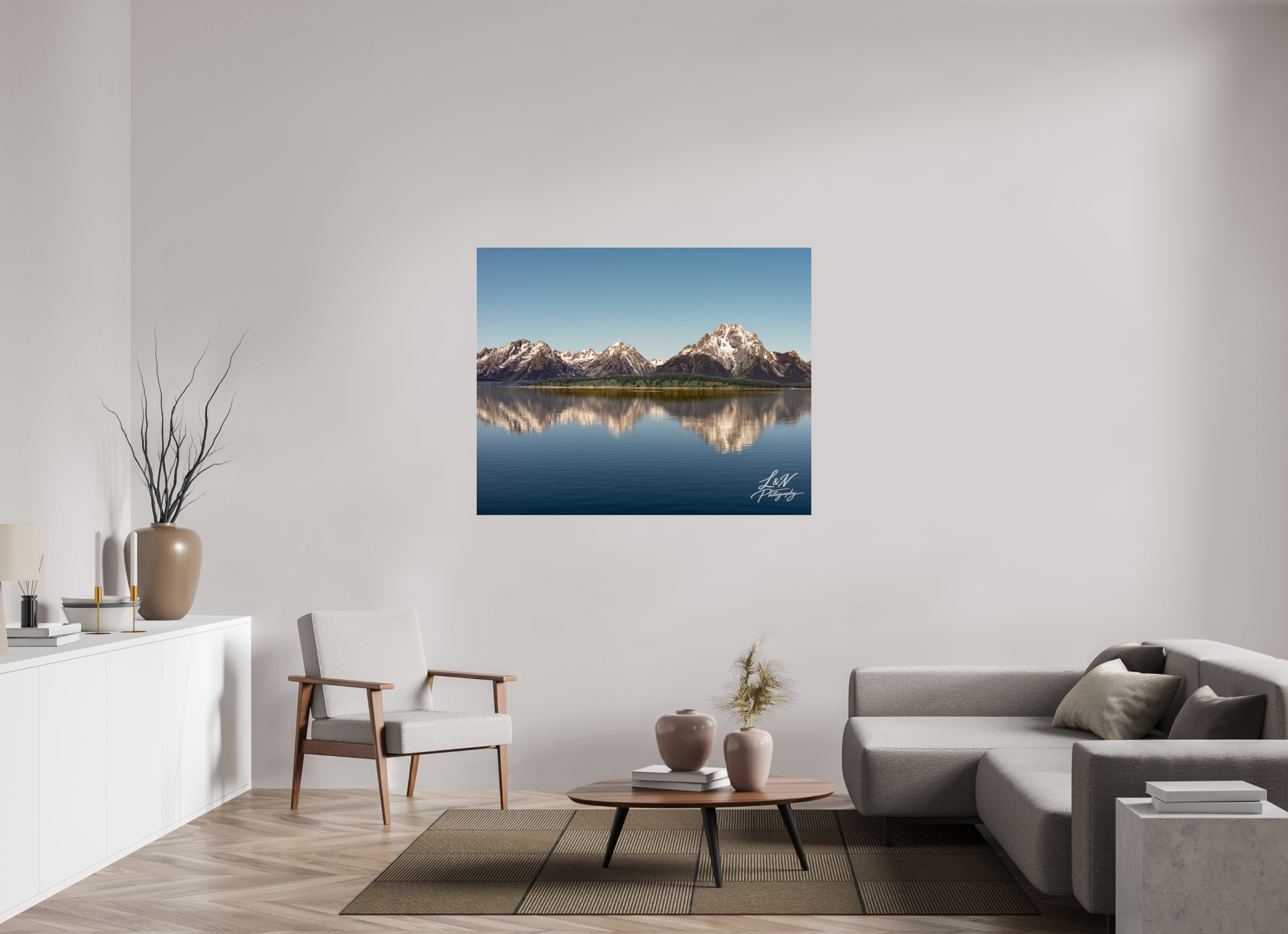 53.7 x 43″, Photo Print Under Acrylic Glass Mirror of the Tetons