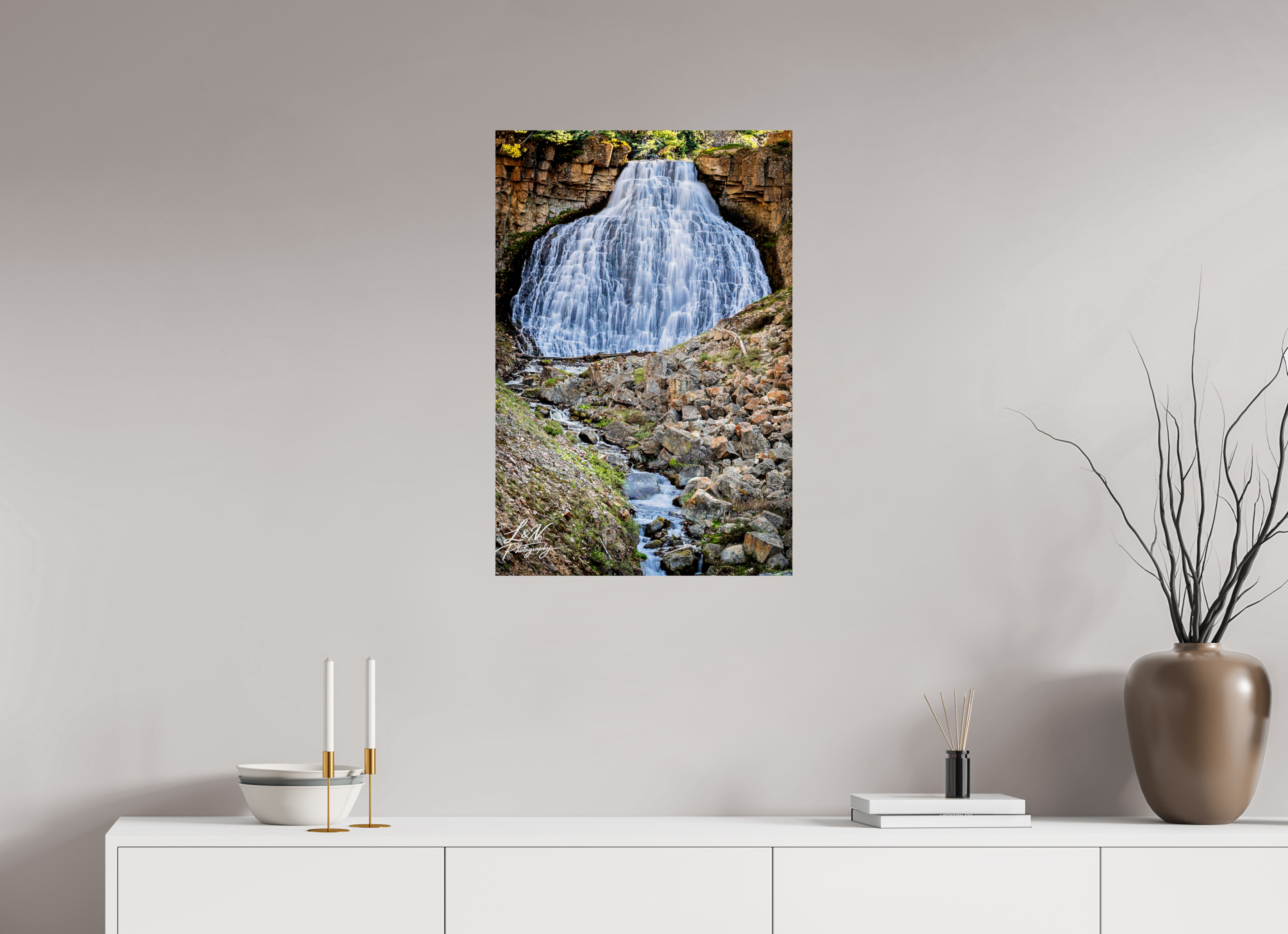 20 x 30″, Photo Print on Aluminum Backing Rustic Falls – Yellowstone National Park