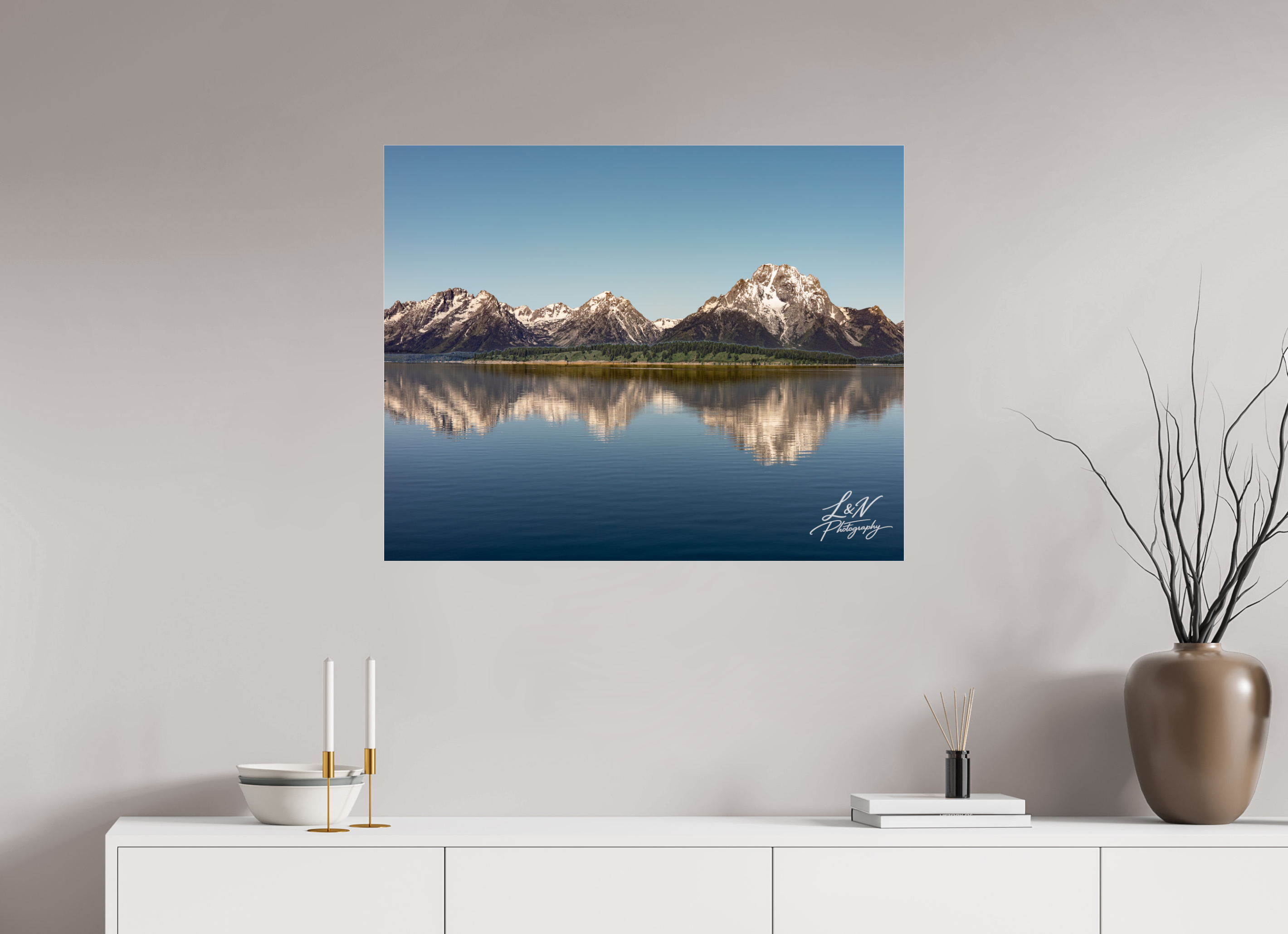 35 x 28″, Photo Print Under Acrylic Glass Mirror of the Tetons
