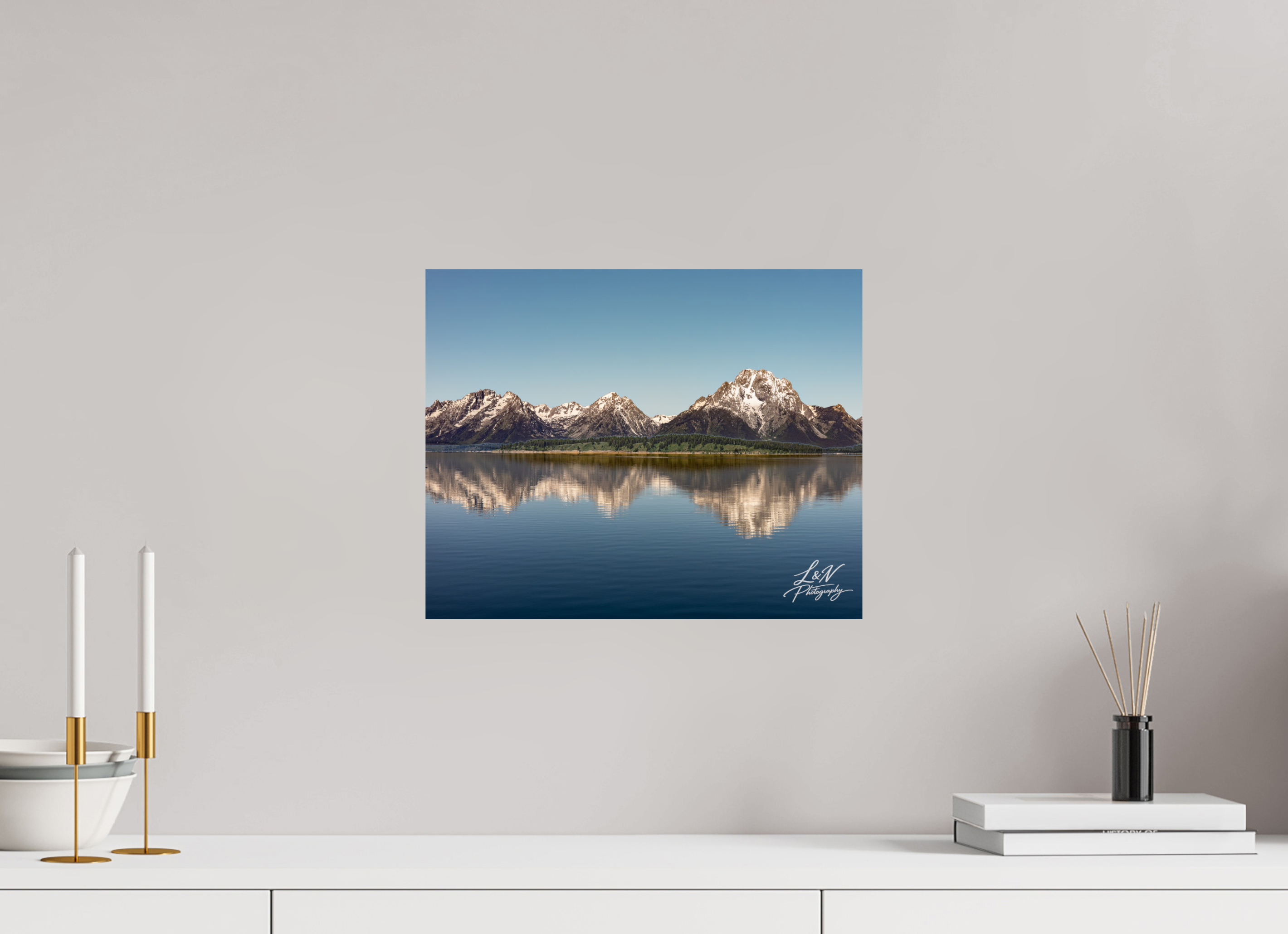 15 x 12″, Photo Print on Aluminum Backing Mirror of the Tetons