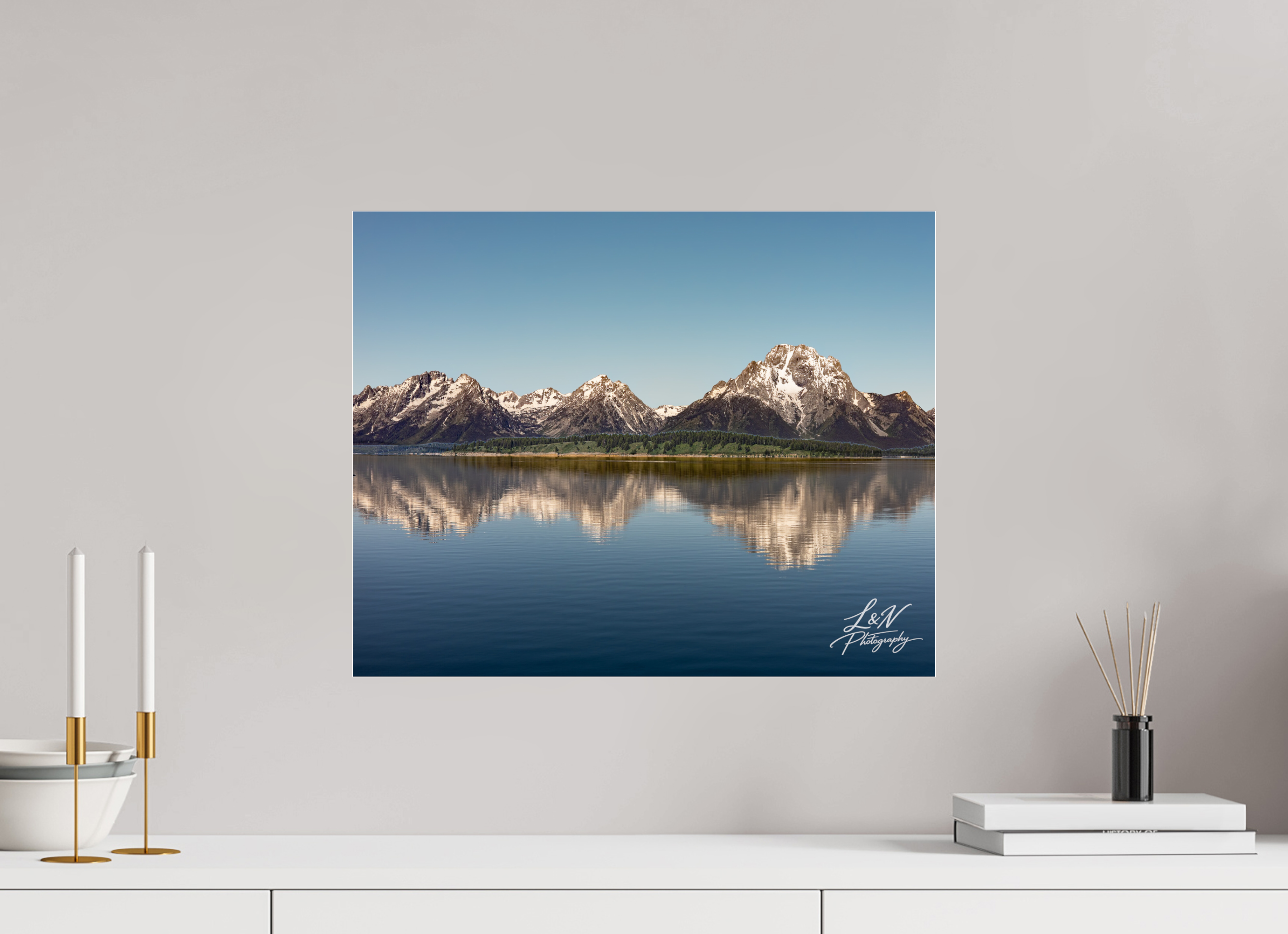 20 x 16″, Photo Print Under Acrylic Glass Mirror of the Tetons